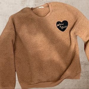 Zoe + Liv Camel Sherpa Crewneck Warm & Cozy Heart